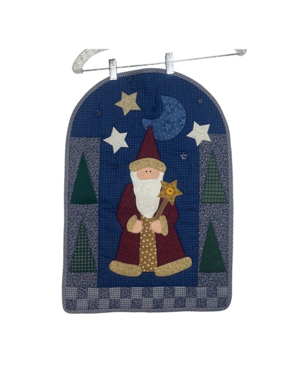 Vtg Quilted Santa Wall Hanging Stars & Moon Christmas Holiday